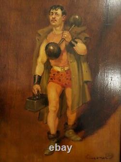 Oil Painting On Wood Panel Weightlifter/ Clown Louis-charles Taconet 19th