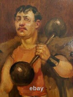 Oil Painting On Wood Panel Weightlifter/ Clown Louis-charles Taconet 19th