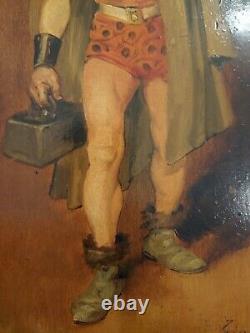 Oil Painting On Wood Panel Weightlifter/ Clown Louis-charles Taconet 19th