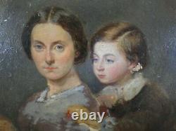 Oil Painting On Wood Portrait Woman Child At Parrot Framed 1848