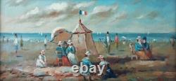 Oil Painting On Wood Scene Of Beach Normandy After Eugene Bodin Signed