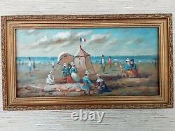 Oil Painting On Wood Scene Of Beach Normandy After Eugene Bodin Signed