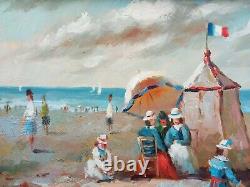 Oil Painting On Wood Scene Of Beach Normandy After Eugene Bodin Signed