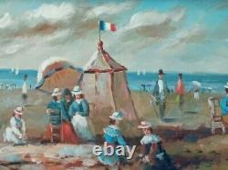 Oil Painting On Wood Scene Of Beach Normandy After Eugene Bodin Signed