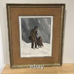 Oil Painting Panel on Wood Signed Charles Cuzin Grandfather Son Snowy Landscape