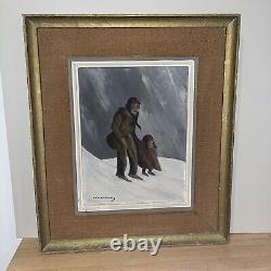 Oil Painting Panel on Wood Signed Charles Cuzin Grandfather Son Snowy Landscape
