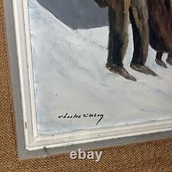 Oil Painting Panel on Wood Signed Charles Cuzin Grandfather Son Snowy Landscape