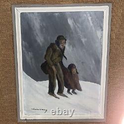 Oil Painting Panel on Wood Signed Charles Cuzin Grandfather Son Snowy Landscape