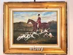 Oil Painting Panel on Wood with Gilded Frame, Fox Hunting, English Dog, 19th Century