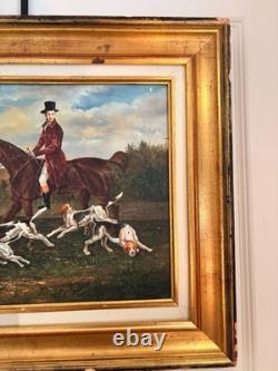 Oil Painting Panel on Wood with Gilded Frame, Fox Hunting, English Dog, 19th Century