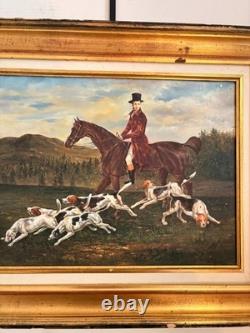 Oil Painting Panel on Wood with Gilded Frame, Fox Hunting, English Dog, 19th Century