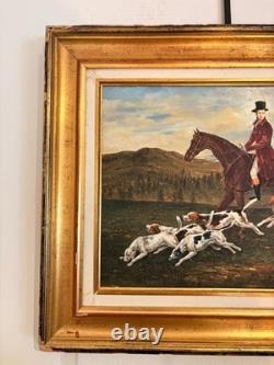 Oil Painting Panel on Wood with Gilded Frame, Fox Hunting, English Dog, 19th Century
