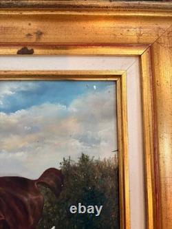 Oil Painting Panel on Wood with Gilded Frame, Fox Hunting, English Dog, 19th Century