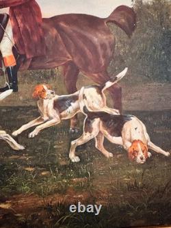 Oil Painting Panel on Wood with Gilded Frame, Fox Hunting, English Dog, 19th Century