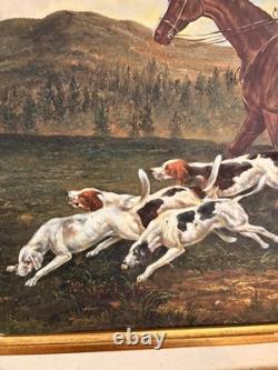 Oil Painting Panel on Wood with Gilded Frame, Fox Hunting, English Dog, 19th Century