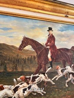 Oil Painting Panel on Wood with Gilded Frame, Fox Hunting, English Dog, 19th Century