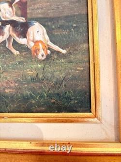 Oil Painting Panel on Wood with Gilded Frame, Fox Hunting, English Dog, 19th Century