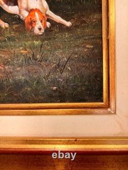 Oil Painting Panel on Wood with Gilded Frame, Fox Hunting, English Dog, 19th Century Oil Painting Panel on Wood with Gilded Frame, Fox Hunting, English Dog, 19th Century
