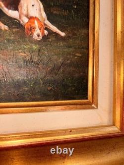 Oil Painting Panel on Wood with Gilded Frame, Fox Hunting, English Dog, 19th Century