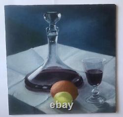 Oil Painting Still Life Wine Fruits Panel XXth Century