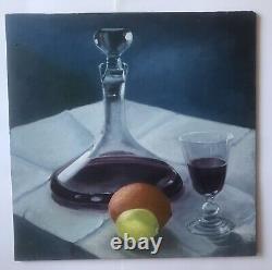 Oil Painting Still Life Wine Fruits Panel XXth Century