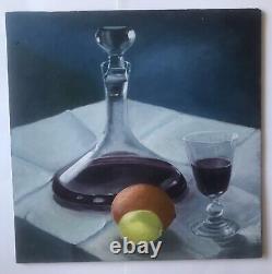 Oil Painting Still Life Wine Fruits Panel XXth Century