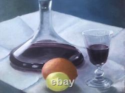 Oil Painting Still Life Wine Fruits Panel XXth Century