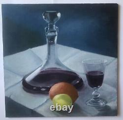 Oil Painting Still Life Wine Fruits Panel XXth Century