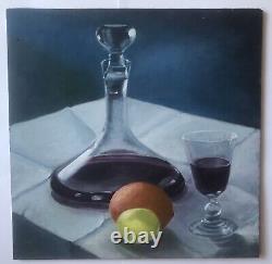 Oil Painting Still Life Wine Fruits Panel XXth Century