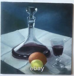 Oil Painting Still Life Wine Fruits Panel XXth Century