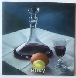 Oil Painting Still Life Wine Fruits Panel XXth Century