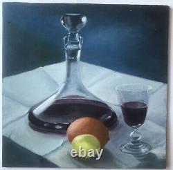 Oil Painting Still Life Wine Fruits Panel XXth Century