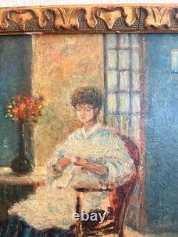 Oil Painting by Paul Flaubert (1928-1994), Interior Scene, Knitting Woman