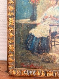 Oil Painting by Paul Flaubert (1928-1994), Interior Scene, Knitting Woman