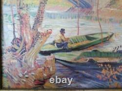Oil Painting on Canvas 20th Century Fisherman Boats Gilded Wood Frame
