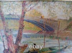 Oil Painting on Canvas 20th Century Fisherman Boats Gilded Wood Frame