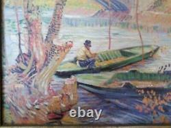Oil Painting on Canvas 20th Century Fisherman Boats Golden Wooden Frame