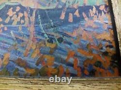 Oil Painting on Canvas 20th Century Fisherman Boats Golden Wooden Frame
