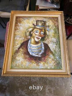 Oil Painting on Canvas Portrait of Clown Framed in Gilded Wood