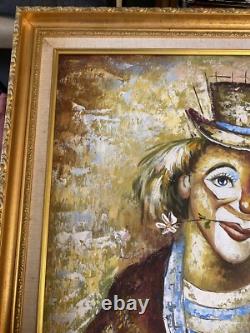 Oil Painting on Canvas Portrait of Clown Framed in Gilded Wood