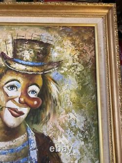 Oil Painting on Canvas Portrait of Clown Framed in Gilded Wood