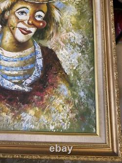Oil Painting on Canvas Portrait of Clown Framed in Gilded Wood