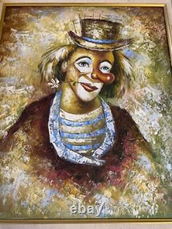 Oil Painting on Canvas Portrait of Clown Framed in Gilded Wood