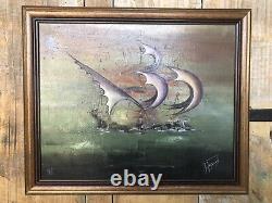 Oil Painting on Canvas by J. PEYRAUD, View of Boats + Wooden Frame #A219