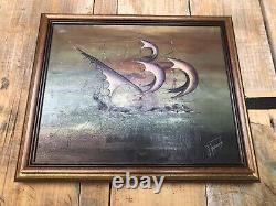 Oil Painting on Canvas by J. PEYRAUD, View of Boats + Wooden Frame #A219