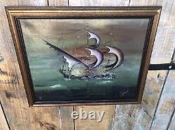 Oil Painting on Canvas by J. PEYRAUD, View of Boats + Wooden Frame #A219
