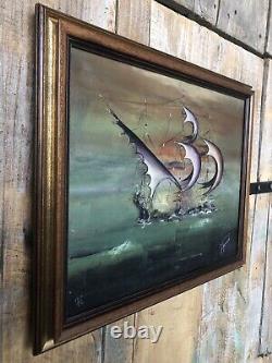 Oil Painting on Canvas by J. PEYRAUD, View of Boats + Wooden Frame #A219