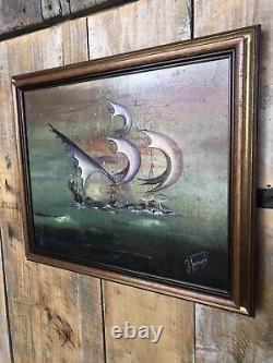 Oil Painting on Canvas by J. PEYRAUD, View of Boats + Wooden Frame #A219