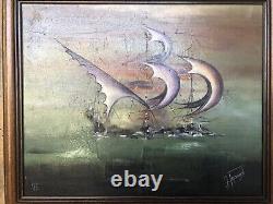 Oil Painting on Canvas by J. PEYRAUD, View of Boats + Wooden Frame #A219