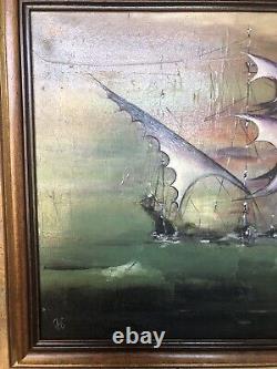 Oil Painting on Canvas by J. PEYRAUD, View of Boats + Wooden Frame #A219